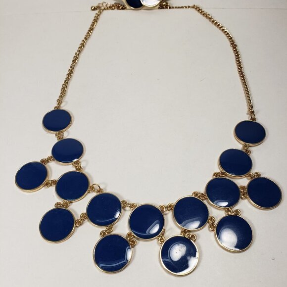 Blue Disc Statement Necklace Set – Gold Chain w/ Matching Drop Earrings Jewelry - Picture 11 of 12